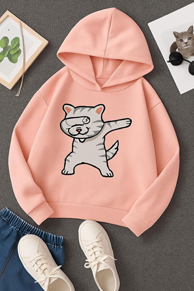 3-Ply Combed Cotton Cat Printed Unisex Kids Hooded Sweatshirt