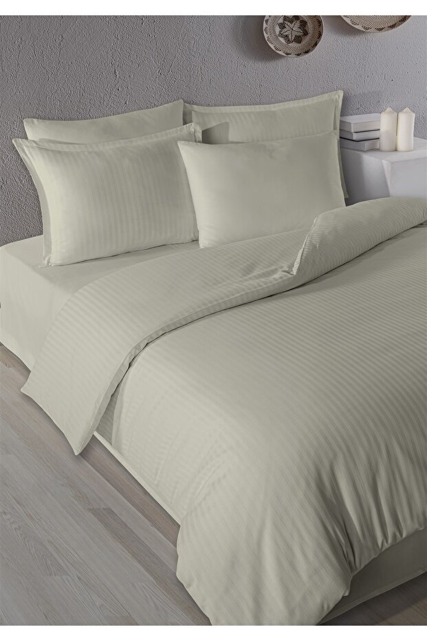 100% Cotton Satin Stripe Flounce Single Duvet Cover Set Stone 160X220 cm