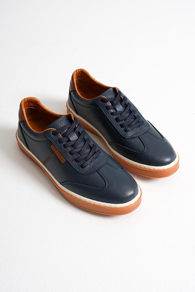 Navro Men's Navy Blue Genuine Leather Casual Sneaker Shoes