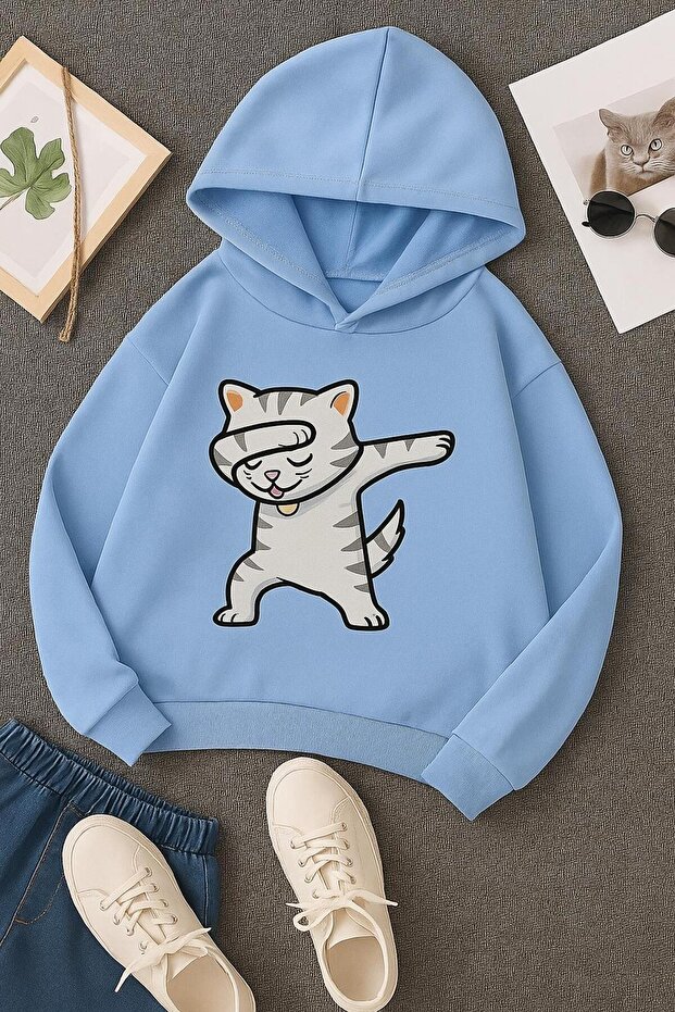 3-Ply Combed Cotton Cat Printed Unisex Kids Hooded Sweatshirt