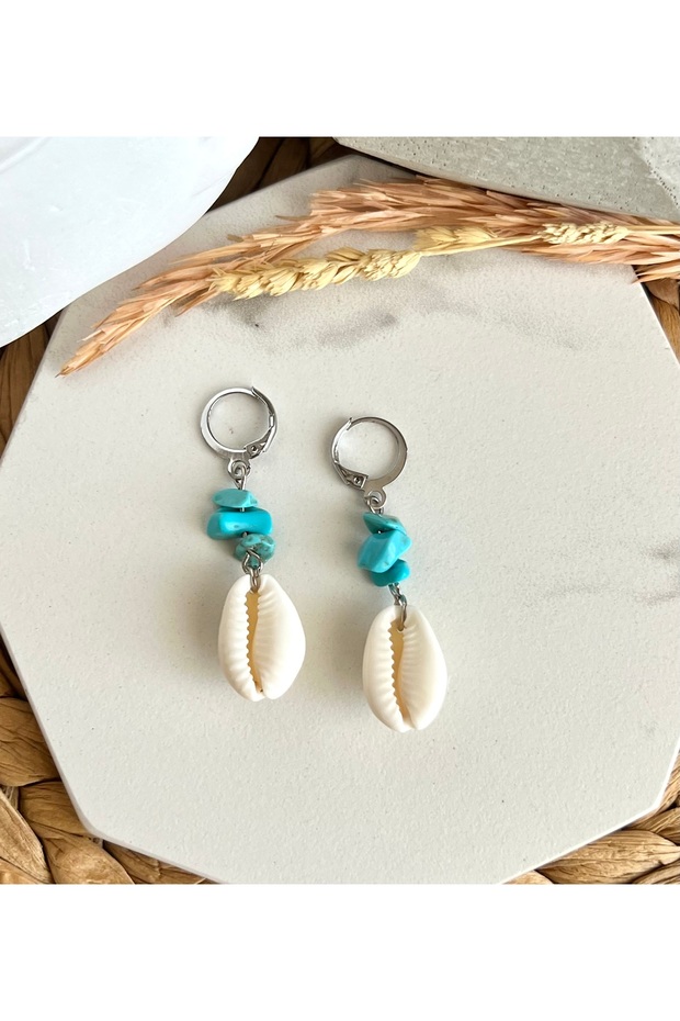 Real Sea Shell Turquoise Stone Earrings - 1