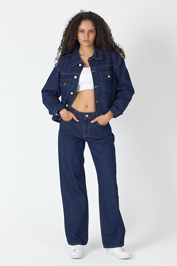 Women's Navy Blue Denim Jeans Suit Pants and Jacket