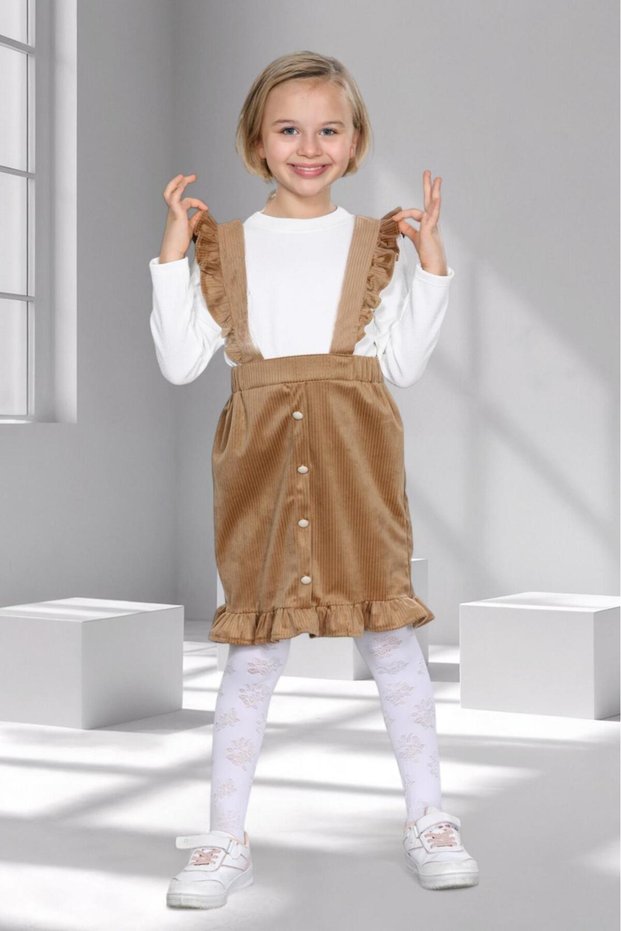 Girl's Strappy Ruffled Velvet Skirt & Bodysuit Set – Ages 3-10 – 5 Color Options - (Beige)