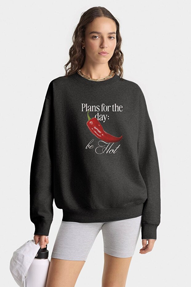 Women's Oversize Sweatshirt Be Hot Printed Smoked Melange – Crew Neck, 3 Thread Ribbed