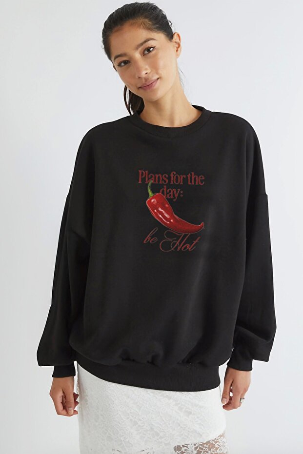 Women's Oversize Sweatshirt Be Hot Printed Black – Crew Neck, 3 Thread Rastering