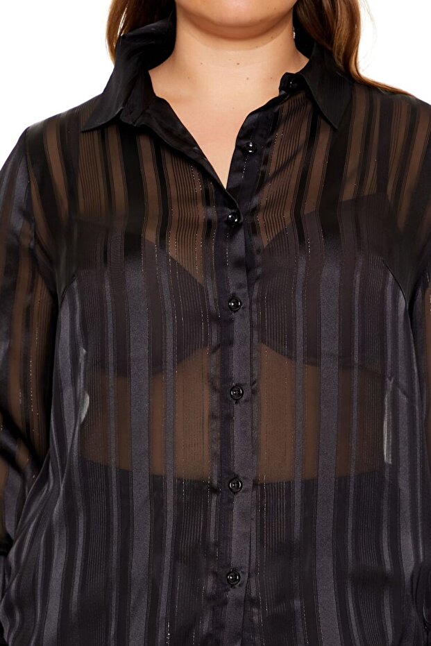 Plus Size Çizgili Transparan Gömlek - 5