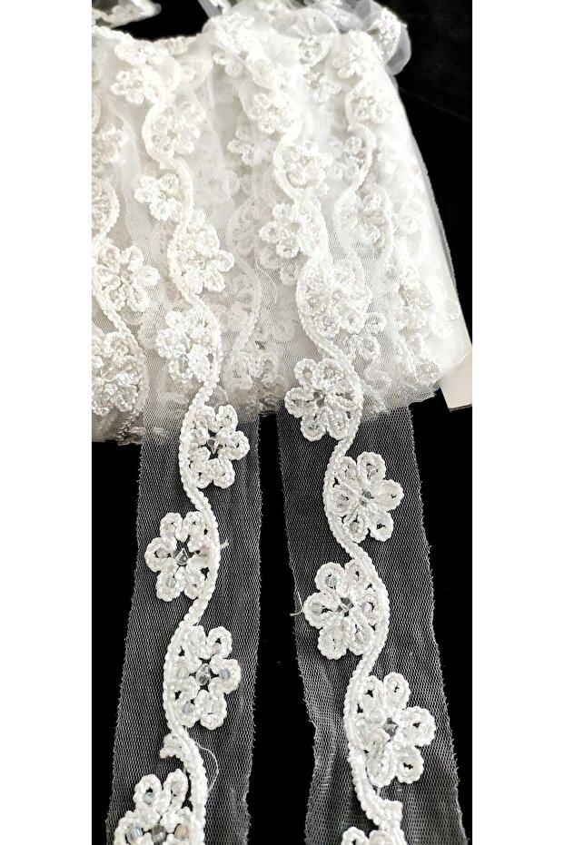 White Tulle Flower Embroidered Bead Embroidered Ribbon