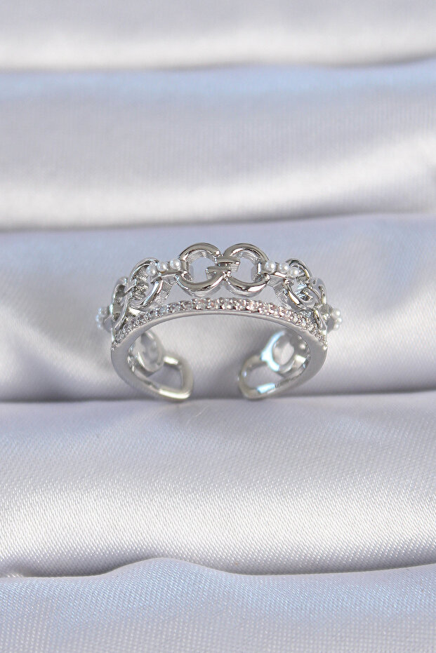 Brass Silver Color Zircon Stone Pearl Detail Women's Ring -