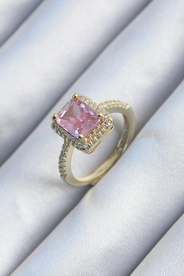 Brass Gold Color Pink Zircon Stone Women's Ring -