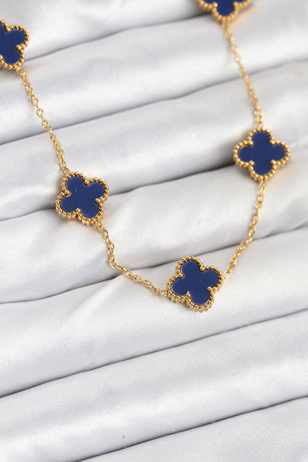 316L Steel Chain Gold Color Navy Blue Clover Women's Necklace