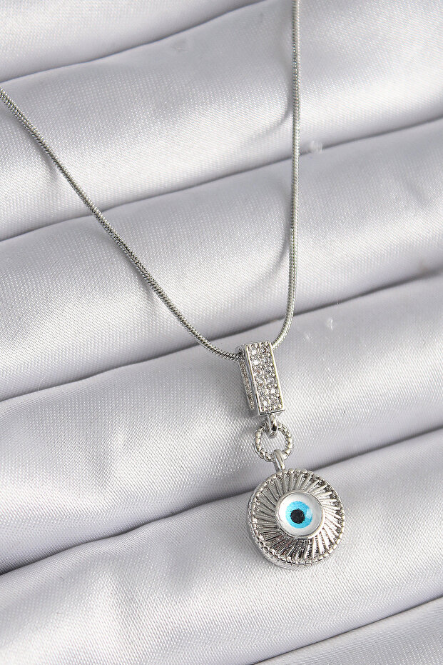 316L Steel Silver Color Zircon Stone Evil Eye Bead Model Women's Necklace -