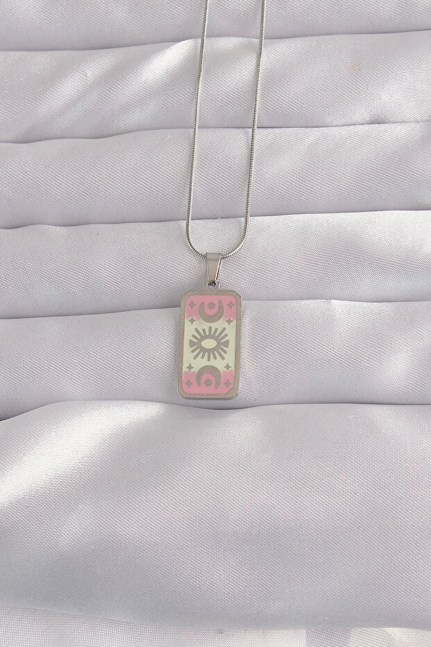 316L Steel Silver Color Pink Enamel Moon Figure Tarot Necklace -