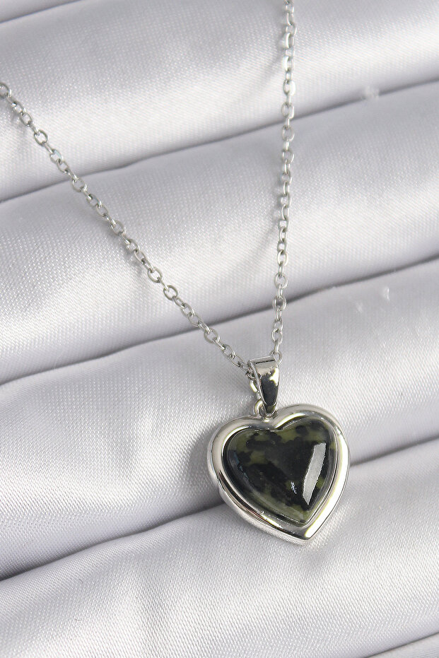 316L Steel Silver Color Green Enamel Heart Model Women's Necklace -