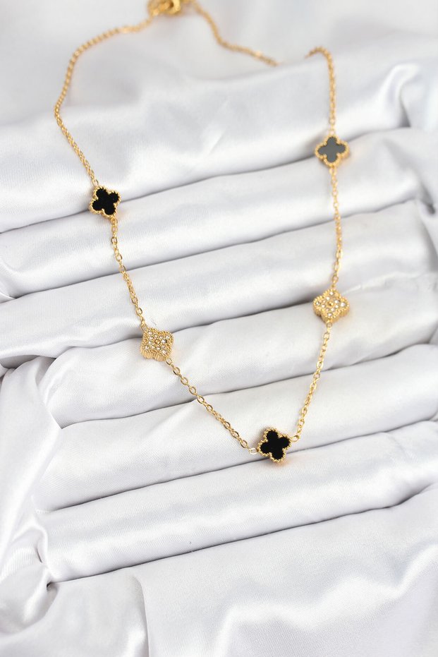 Gold Color Black and Baby Boy Clover Women's Necklace (316L Steel)