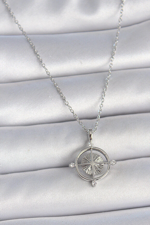 316L Steel Silver Color Chain Zircon Stone Compass Model Women's Necklace