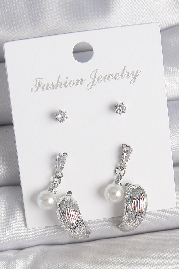 Brass Silver Color Dangle Zircon Stone Drop Model 3 Pair Women's Earring Set -