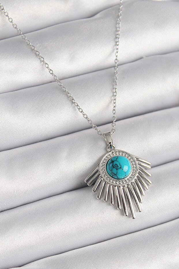 316L Steel Silver Color Chain Blue Beaded Zircon Stone Women's Necklace -