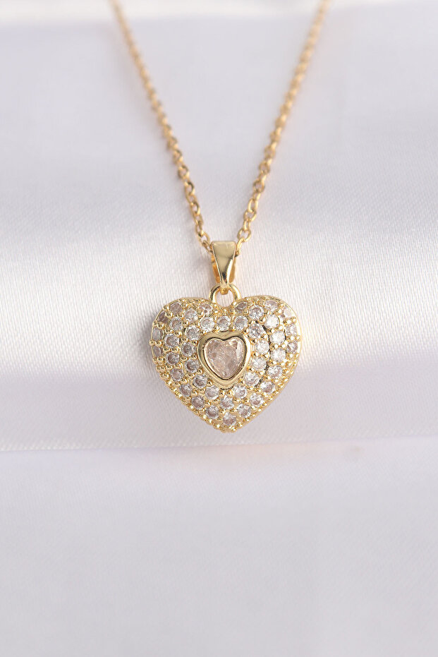 316L Steel Chain Gold Color Zircon Stone Heart Pendant -