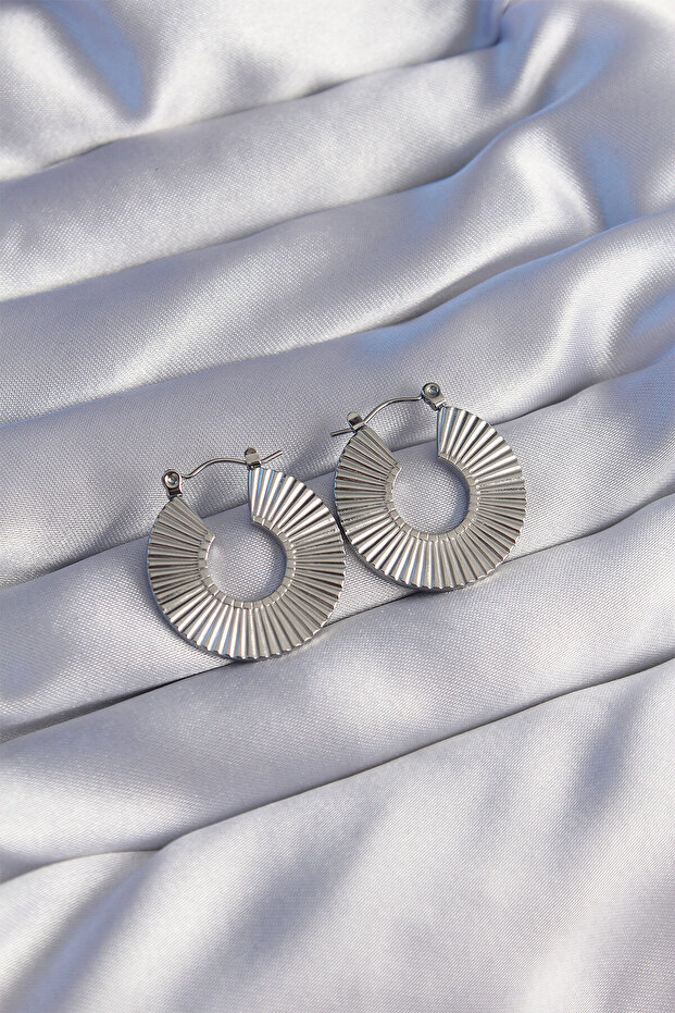 316L Steel Silver Color Oval Striped Plate Earrings -