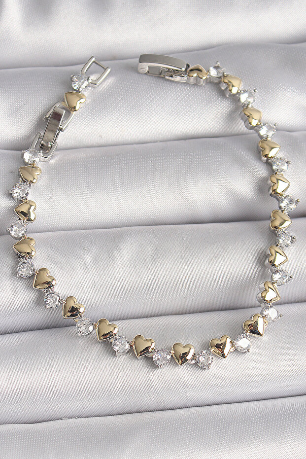 Brass Silver Color Zircon Stone Gold Heart Vip Series Women's Bracelet -