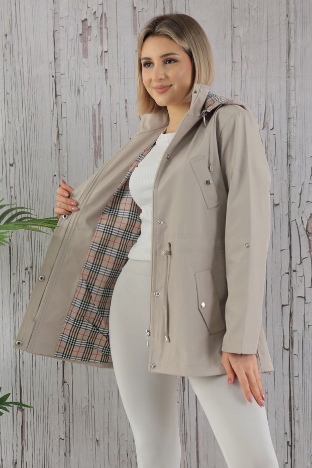 Women's Water-Resistant Hooded Plaid Trench Coat, STONE COLOR, Trench Coat Bonded Fabric Trench Coat