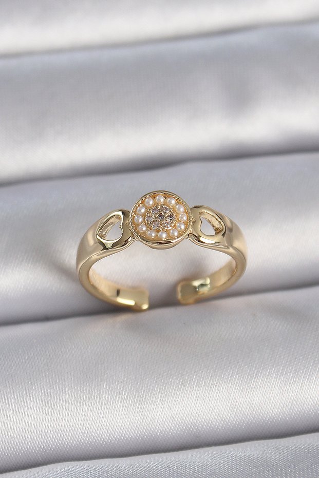 Brass Gold Color Zircon Stone Pearl Heart Engraving Detail Adjustable Women's Ring -