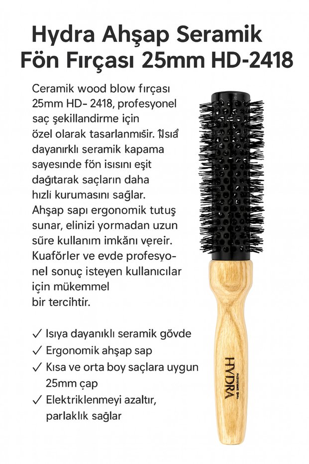 Wooden Handle Ceramic Blow Dry Brush 25mm Hd-2418 – Professional Hair Styling Brush