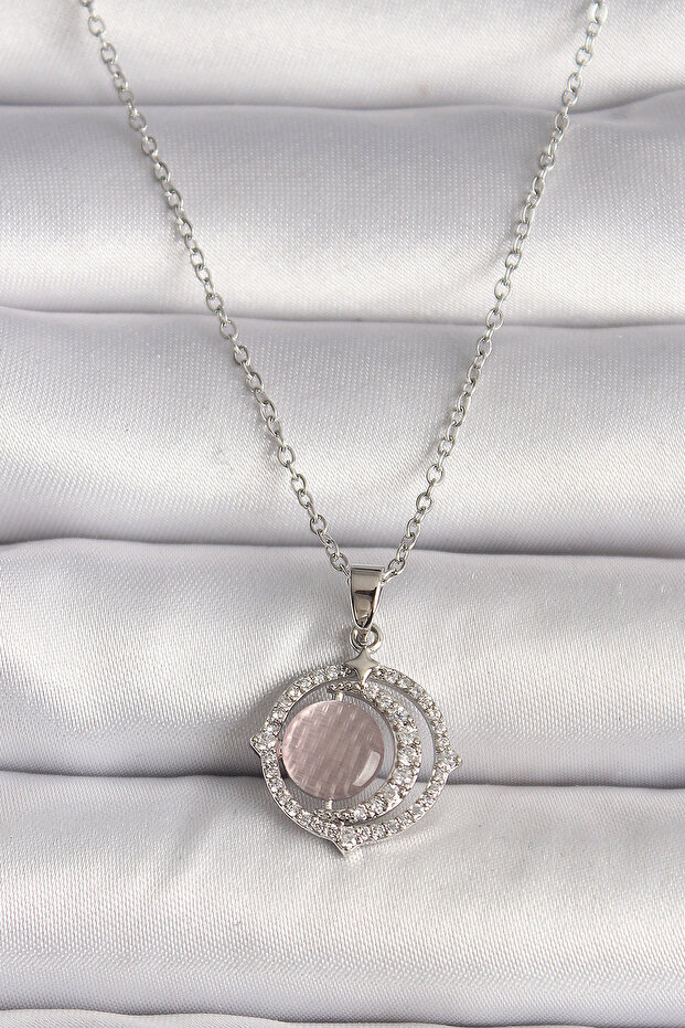 316L Steel Silver Color Zircon Stone Pink Pearlescent Crescent Model Women's Necklace -