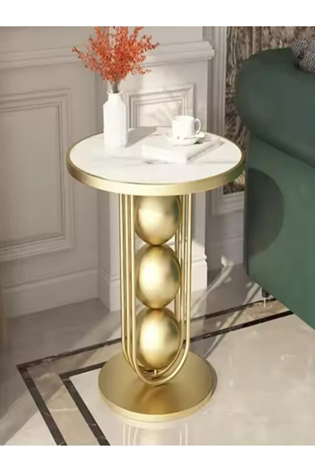 طاولة جانبية خشب رخامي ومعدن ذهبي و أبيض - 50×60 سم