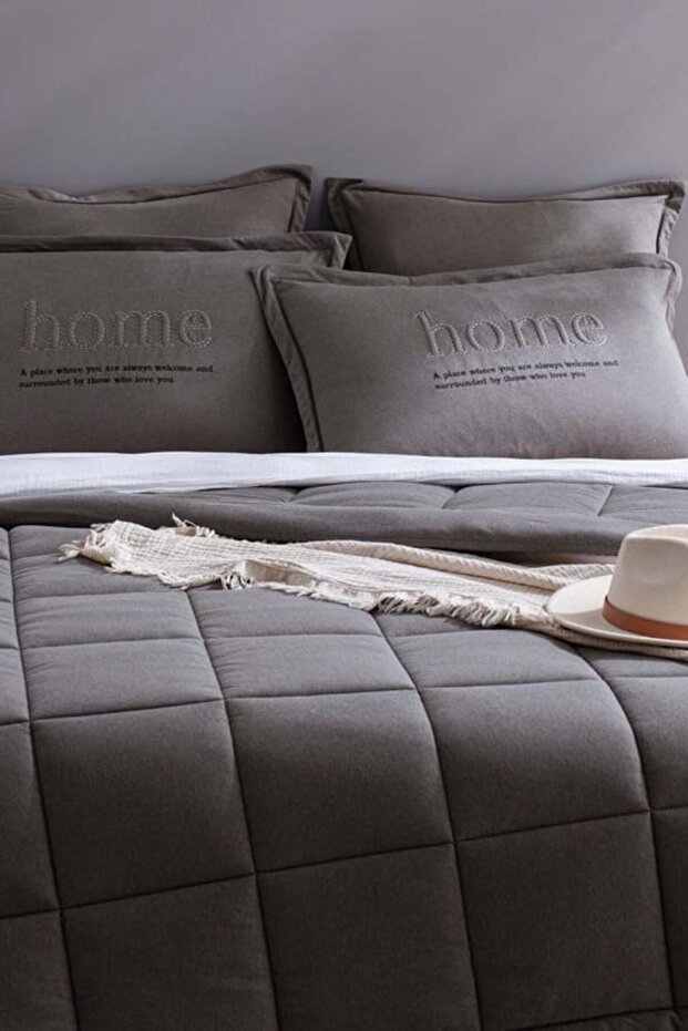 Yeni Sezon Bobigny Çift Kişilik Pamuklu SuperSoft Comforter Set - Antrasit - ANTRASİT - 2