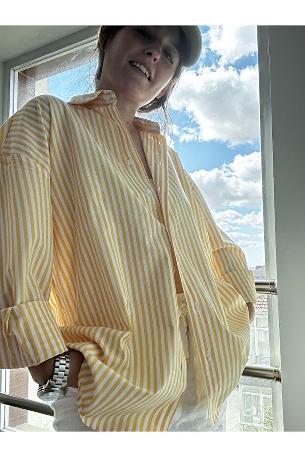 Sarı Çizgili Oversize Gömlek - 1