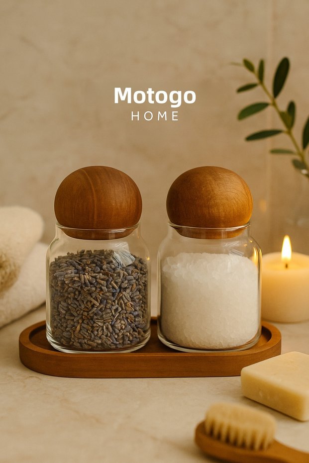 Set of 2 Glass Cotton Containers with Wooden Lids Wooden Medium Size Stand