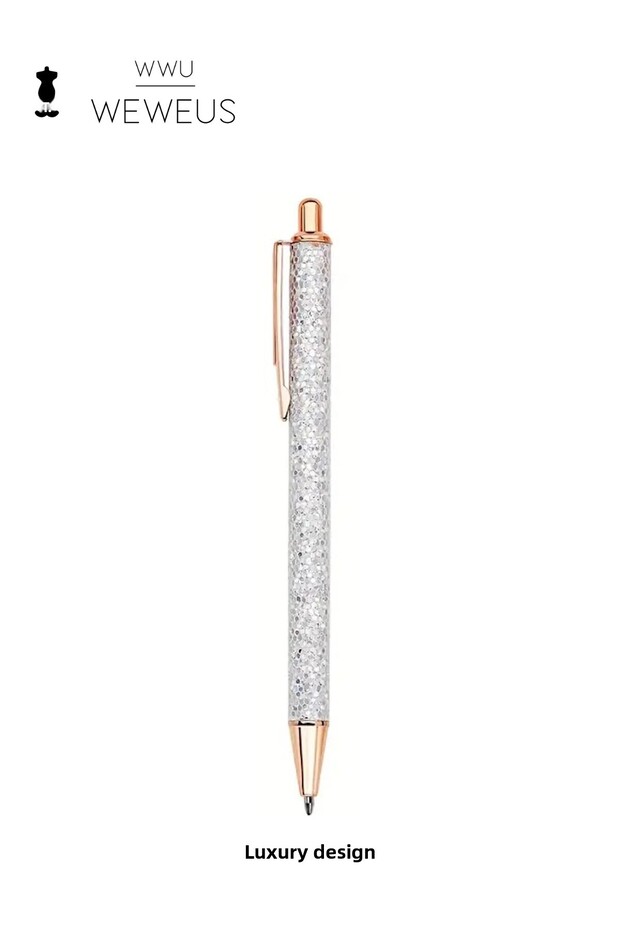 Light Gray Glitter Luxury Ballpoint Pen with White Rose Detail