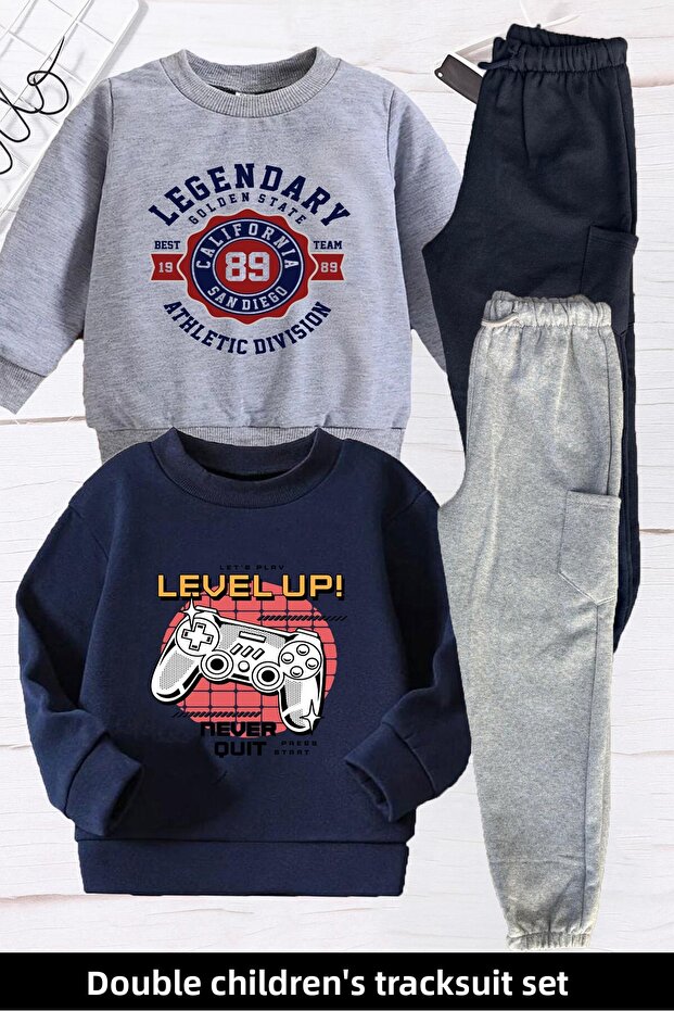 Game Handle Printed Inside Embossed 2-Piece Pack Gray-Navy Blue Unisex Children's Tracksuit Set