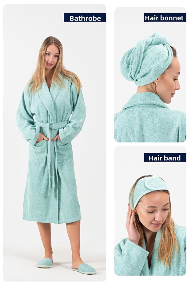 Cottonverse 3-Piece Bathrobe Set - 100% Cotton Bathrobe, Hair Cap, Headband Unisex