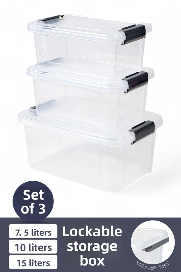 3-Pack Storage Container Horizontal Rectangular with Locking Lid Multi-Purpose Toy Storage Box 7.5-10-15 Liters - 1