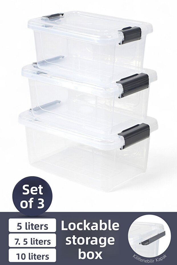 3-Pack Storage Container Horizontal Rectangular with Locking Lid Multi-Purpose Toy Storage Box 5-7.5-10 Liters - 1