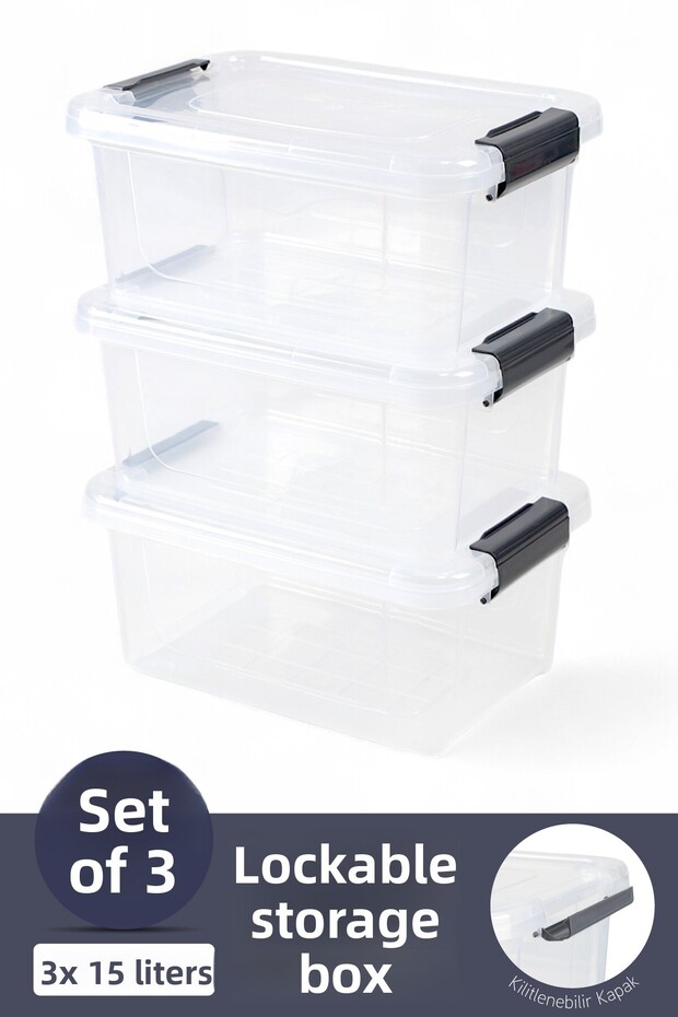3-Piece Storage Container Horizontal Rectangular with Locking Lid Multi-Purpose Toy Storage Box 15 Liters - 1