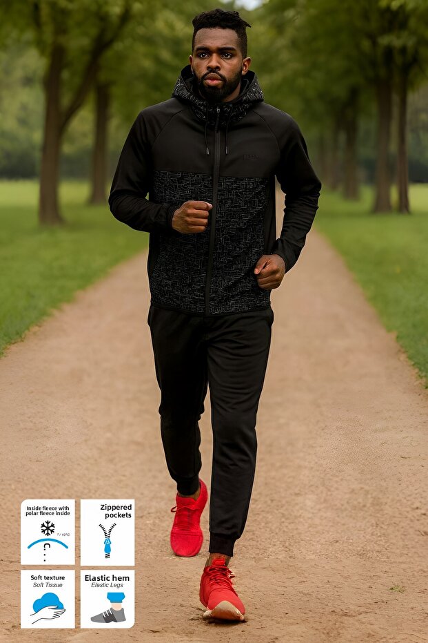 Black Scuba Diving Fabric with Fleece Inside K Hooded Zippered Pocket Elastic Leg Men's Tracksuit Set
