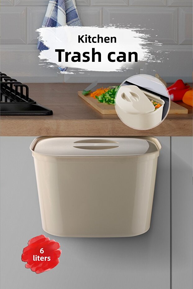 Functional Trash Can with Strap 6L - Can Be Hung on Cabinet Door Practical under Counter Trash Bin Cream - 1
