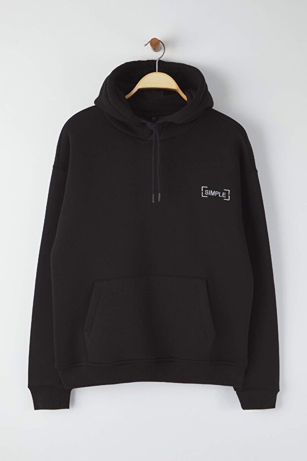 Siyah Basic Oversize/Geniş Kesim Kapüşonlu İçi Polar/Sıcak Tutan Sweatshirt TMNAW21SW2005 - 2