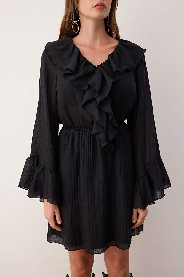 Siyah Fırfır Detaylı Boho Kısa / Mini Dokuma Elbise TWOAW26EL00172 - 3