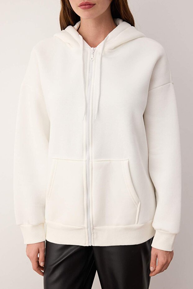 Ekru Oversize/Rahat Kesim Fermuarlı Kalın İçi Polarlı Örme Sweatshirt TWOAW24SW00188 - 3