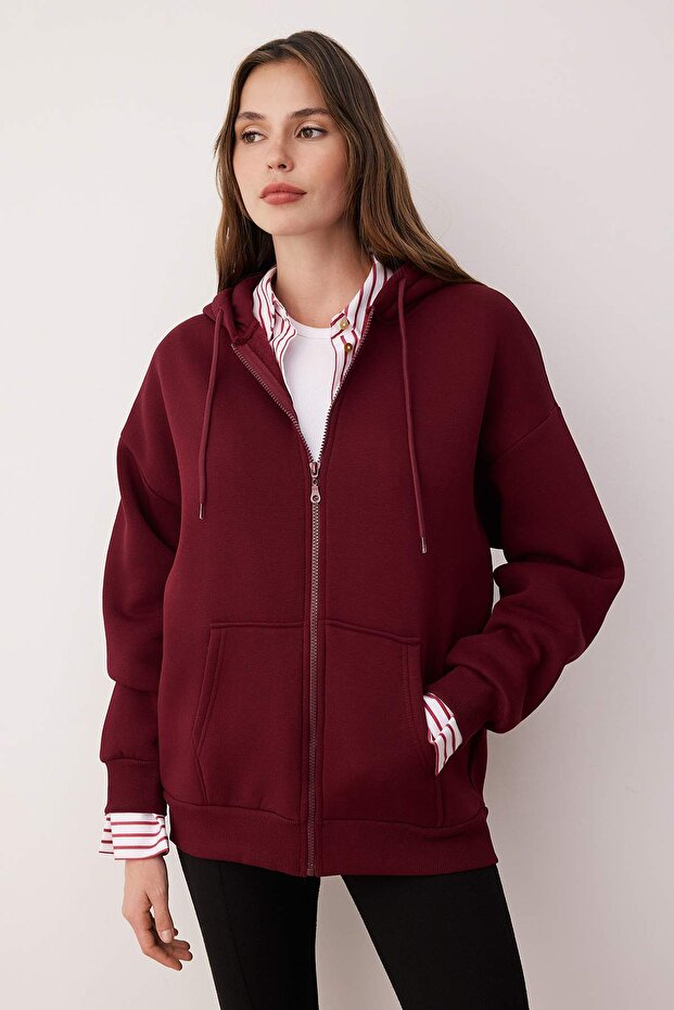 Bordo Oversize/Rahat Kesim Fermuarlı Kalın İçi Polarlı Örme Sweatshirt TWOAW24SW00188 - 2