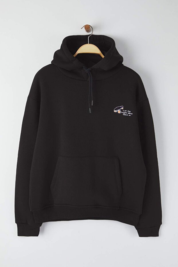 Siyah Oversize/Geniş Kesim Nakışlı İçi Polarlı Kapüşonlu Sweatshirt TMNAW25SW00016 - 6