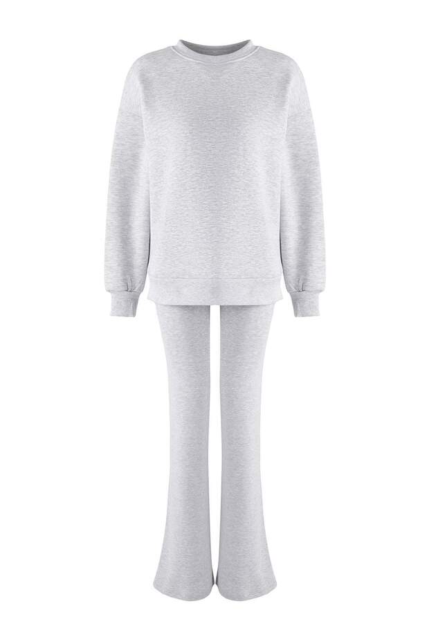 Gri Melanj Oversize Üst Soft Touch Esnek Flare/İspanyol Paça Alt Örme Eşofman Takımı TWOAW26EM00008 - 5