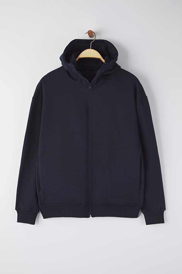 Lacivert Oversize/Geniş Kesim Fermuarlı Sıcak Tutan Kapüşonlu Sweatshirt-Hırka TMNAW24SW00049 - 5