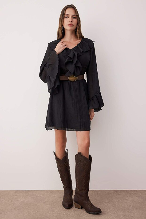 Siyah Fırfır Detaylı Boho Kısa / Mini Dokuma Elbise TWOAW26EL00172 - 1