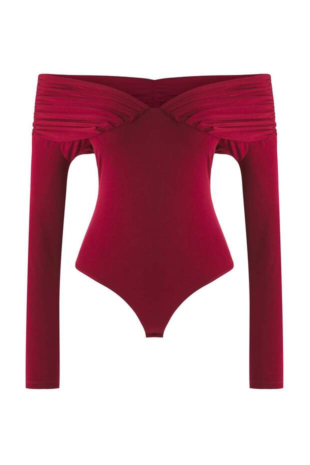 Bordo Carmen Yaka Örme Body TPRAW26BD00022 - 5