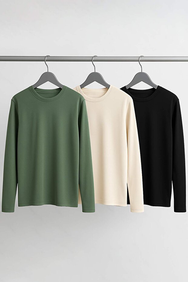 Siyah-Bej-Koyu Yeşil Regular/Normal Uzun Kollu 3'lü Basic Paket T-Shirt TMNAW21TS0197 - 1